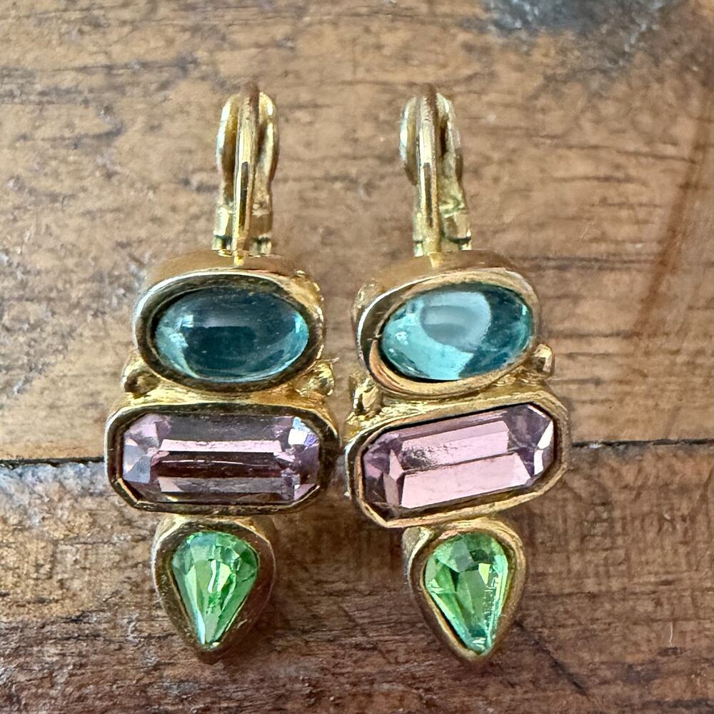 Premier Designs Gold Tone Leverback Earrings Aqua Purple Green Crystal Dangle